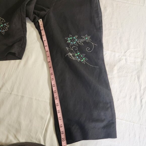 Larry Levine Women 8P Black Linen Blend Floral Beaded Crop Pant Side Zip Casual - Picture 14 of 16